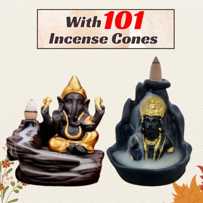 MurtiMall Handcrafted Ganesha and Hanuman Idols Combo Pack with 101 Incense Cones Decorative Showpiece  -  12 cm(Polyresin, Multicolor)