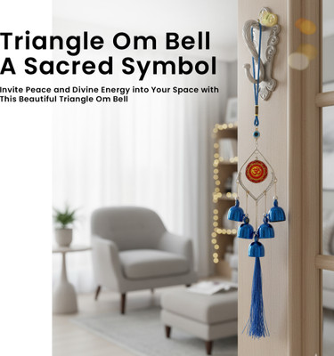 Spiricon Om Symbol Wind Chime with 5 Blue Bells & Evil Eye Protection Decorative Showpiece  -  30 cm(Metal, Multicolor)
