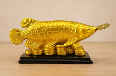 Aradhna Uphar Feng Shui Money Magnet Fish Idol with Free Lucky Coin Decorative Showpiece  -  7 cm(Polyresin, Gold, Black)
