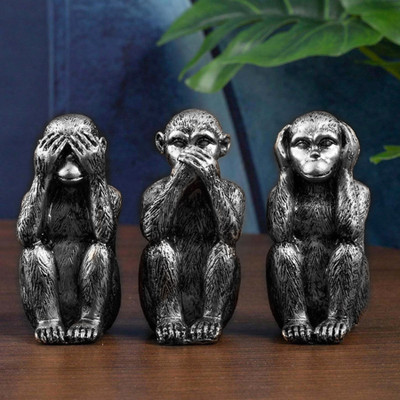 TIED RIBBONS Set of 3 Monkey Statue Table Car Dashboard Accessories Decorative Showpiece  -  8 cm(Resin, Silver)