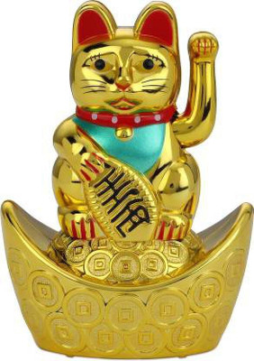 Hardik Feng Shui Welcome Cat / Golden Lucky Cat sitting on boat Decorative Showpiece Decorative Showpiece  -  10 cm(Polyresin, Gold)