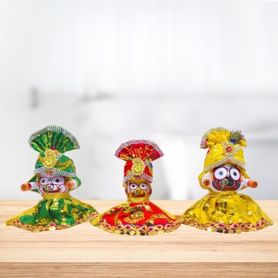 Real Craft Neem Wood Jagannath Idol Set with Pagadi Dress - 4 Inches Decorative Showpiece  -  10 cm(Wood, Multicolor)