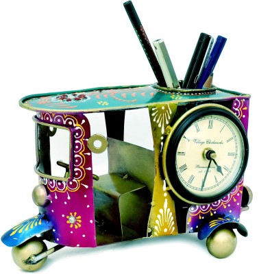 KraftsKala Desk Pen Stand Table Clock, Decorative Auto Rickshaw Showpiece Stationery Holder Decorative Showpiece  -  16 cm(Iron, Multicolor)