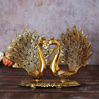 Chhariya Crafts Pair Of Kissing Peacock Decorative Showpiece  -  17 cm(Metal, Gold)