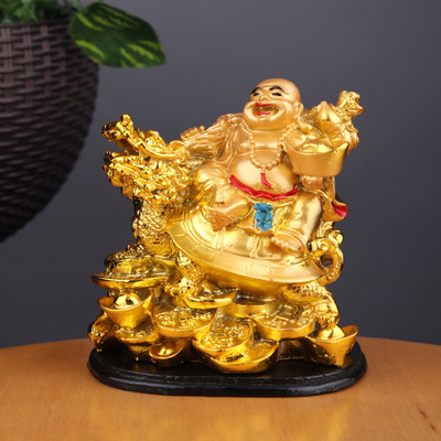 VIVARS CRAFT Laughing Buddha Sitting on Back of Dragon Headed Tortoise Decorative Showpiece  -  12 cm(Polyresin, Gold)