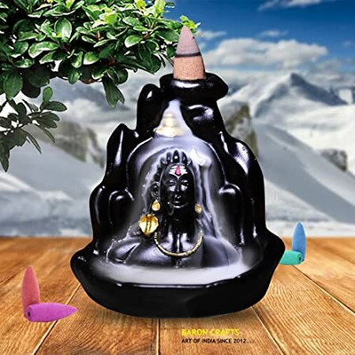 reeldot Lord Shiva Smoke Adiyogi Mandir Idol Statue With 40Free Backflow Cone Pack of2 Decorative Showpiece  -  12 cm(Marble, Black, Gold)