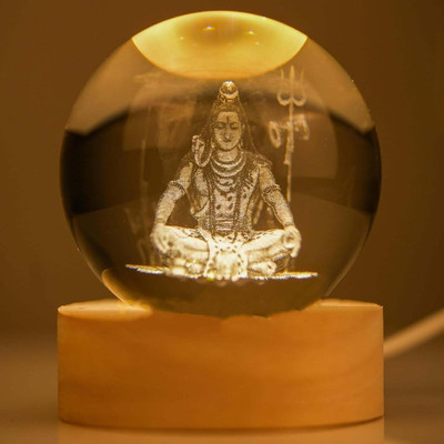 Lavidi 3D Spiritual Lamp with Wooden Base, Divine Night Light for Home-Shiv ji Design Decorative Showpiece  -  8 cm(Glass, Gold)