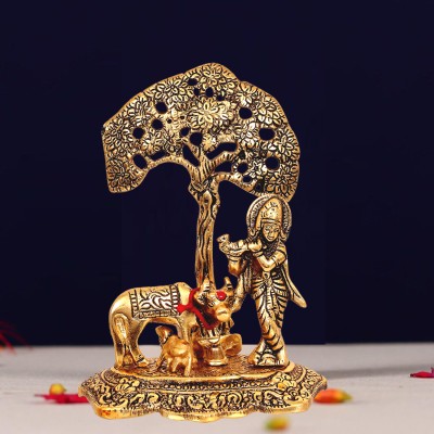 Kitlyn Lord Krishna Brass Idol | Shree Krishna Statue Cow n Calf | Kanha Ji ki Murti Decorative Showpiece  -  15 cm(Brass, Gold)