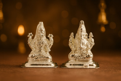 Guarantee Ornament House Laxmi Ganesh Silver Plated idol for Diwali puja Decoration and Gift Decorative Showpiece  -  9 cm(Silver Plated, Brass, Silver)