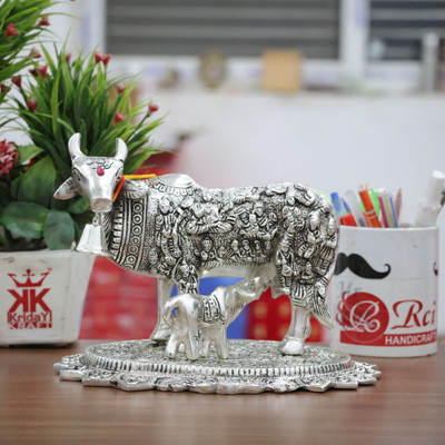 KridayKraft Kamdhenu Cow with Calf Idol Religious Idol Gau MATA Decorative,Animal Showpiece Decorative Showpiece  -  16 cm(Aluminium, Silver)