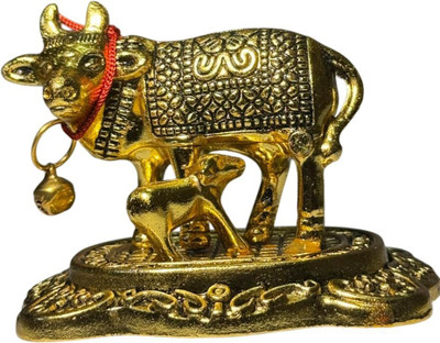 Evokee Brass Cow and Calf Statue Decorative Figurine for Home Mandir & Pooja Room Decorative Showpiece  -  8 cm(Brass, Metal, Gold)