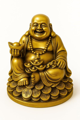Inara INARA Creation Laughing Buddha Statue for Vastu, Sitting on Luck Money Coins Decorative Showpiece  -  14 cm(Polyresin, Gold)