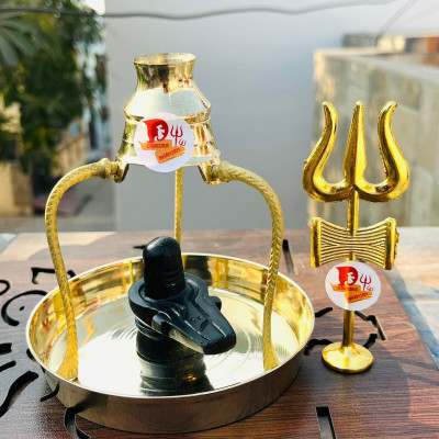 sanskaari Black Shivling Shiva Ling/Shivlingam with Brass Thali Plate, Brass Trishul Decorative Showpiece  -  14 cm(Brass, Gold)