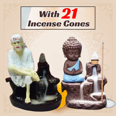 MurtiMall Handcrafted Backflow Sai and Buddha Idol with 21 Incense Cones Decorative Showpiece  -  12 cm(Polyresin, Blue)