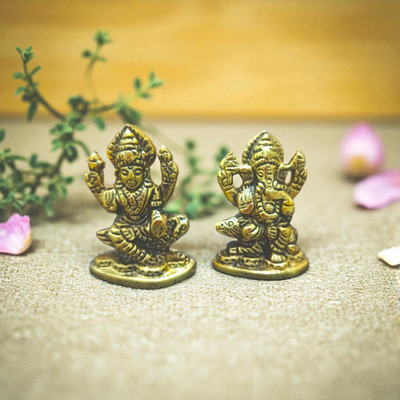 WORLDOFCRAFT Lakshmi Ganesha Ji Pair – Gold Plated Temple Decor Idol, Perfect Diwali Gift Decorative Showpiece  -  5.5 cm(Metal, Gold)
