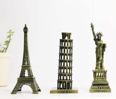 THE QUIRKY HOME Monuments Combo Eiffel Tower, Statue of Liberty, Leaning Tower of Pisa, Model Decorative Showpiece  -  18 cm(Metal, Brown)