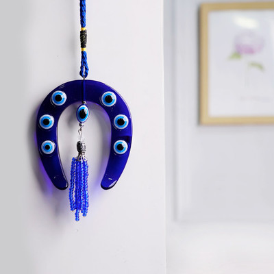 9dzine Evil Eye Ghode Ki Naal Hanging for Wall Door Entrance Car Protection Nazar Battu Decorative Showpiece  -  18 cm(Glass, Blue)