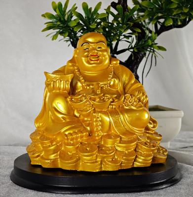 Goodmarts Laughing Buddha , Happy man Statue Sitting on Coin For Good Luck Home And Office Decorative Showpiece  -  15 cm(Resin, Gold)