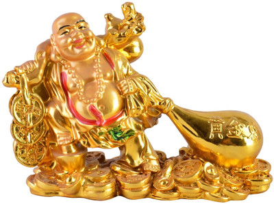 PURZARI Products Vastu/Feng Shui Laughing Buddha with Potli for Health Wealth &Happiness Decorative Showpiece  -  10 cm(Resin, Gold)
