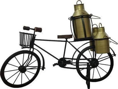 RSonewood Antique Wood and Wrought Iron Milk-Man Cycle with 3 Milk Cans Decorative Showpiece  -  8 cm(Iron, Black)