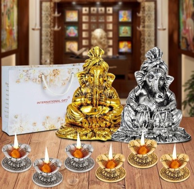 INTERNATIONAL GIFT Silver & Gold Plated Tabla, Cymbal Ganesh Idol With 6 Diya | Box & Bag Decorative Showpiece  -  14 cm(Aluminium, Silver, Gold)