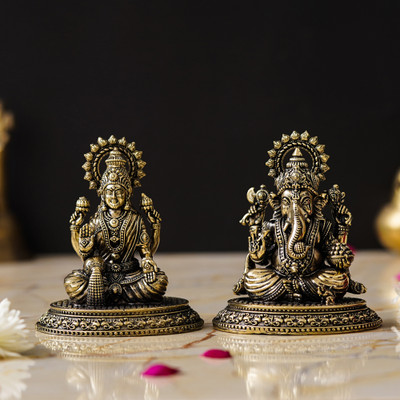shyam antique creation Maa Laxmi Ganesh Sitting Murti Lakshmi Ganesha Idol Statue For Home Diwali Puja Decorative Showpiece  -  9.525 cm(Brass, Gold)