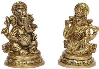 Hi Retails Laxmi Ganesha Idol Statue Brass For Home Decor Puja Diwali Gift Decorative Showpiece  -  5 cm(Brass, Gold)