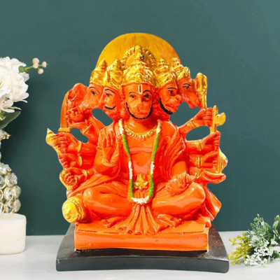 SBBCO Orange Resin Panchmukhi Hanuman ji Murti / Bajrangbali Gift article Decorative Showpiece  -  15 cm(Marble, Orange)