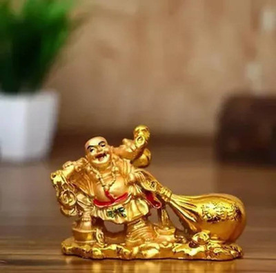 Divine creation Laughing Buddha with Money Potli for Health & Good Luck to your Home Decorative Showpiece  -  7.62 cm(Polyresin, Gold)