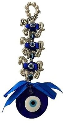 HOUSEOFASTRO Feng Shui Hanging 3 Horse Evil Eye for Car & Door/Office Hanging for Good Luck Decorative Showpiece  -  18 cm(Glass, Blue)