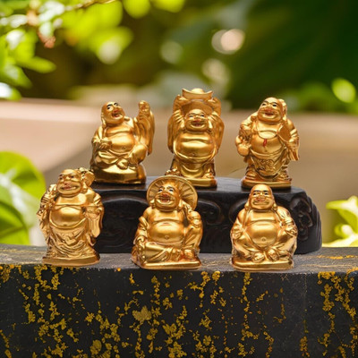 salvusappsolutions Laughing Buddha Statue for Home Décor Perfect Diwali Gift Set for Friends and Relatives, Set of 6, Golden, Pack of 1 Decorative Showpiece  -  4 cm(Polyresin, Gold)