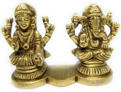 Astrosale Ashtadhatu Ganesh Ji With Lakshmi Idol Decorative Showpiece  -  6 cm(Brass, Gold)