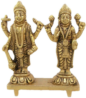 Agromech Brass Lord Vishnu Lakshmi Idol Vishnu/Laxmi Narayan Standing Murti Decorative Showpiece  -  10 cm(Brass, Gold)