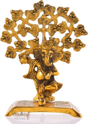 eCraftIndia Golden Lord Ganesha Playing Flute Under A Tree Showpiece Decorative Showpiece  -  7 cm(Metal, Gold)