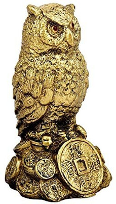 yogi Feng Shui Golden Owl Standing on a Pile of Coins Idol Statue for Good Luck Decorative Showpiece  -  12 cm(Polyresin, Gold)
