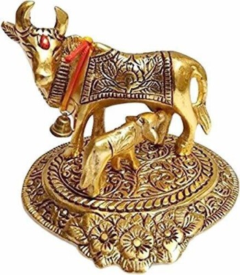 LAVITRA Metal Krishna With Religious Kamdhenu Cow with Calf Handmade for Home Gift Item Decorative Showpiece  -  10 cm(Brass, Gold)