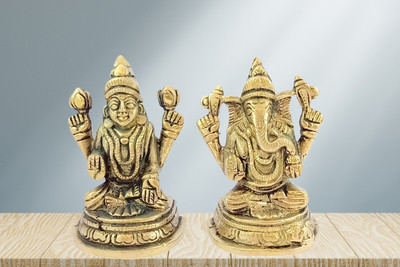 Rudratva RUDRATVA Pure Brass Laxmi Ganesh Ji Idol Set | For Diwali & Laxmi Pooja Decorative Showpiece  -  7 cm(Brass, Gold)