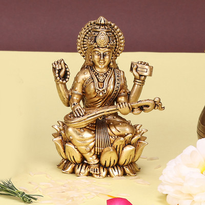 utsavicraft Superfine Antique Goddess of Knowledge Saraswati Mata Idol Decorative Showpiece  -  6.5 cm(Brass, Gold)
