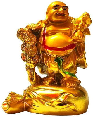 RCW Feng Shui Laughing Buddha Standing on Money Potli Vastu Statue Idols for Home Decorative Showpiece  -  9 cm(Polyresin, Gold)