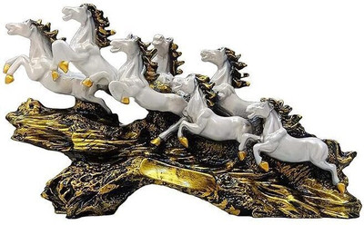 Artmagic White Golden Seven Horses Idol for Office and Home Decor Decorative Showpiece  -  30 cm(Resin, White)