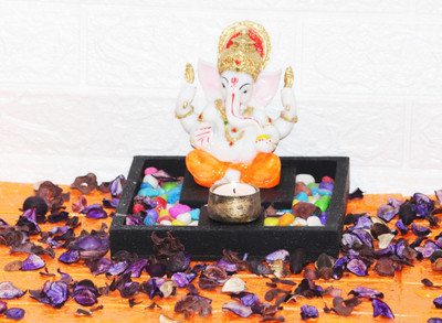 Miss Peach Handicraft Sacred Ganesh Idol with Wooden Tray Blessings of Wisdom & Prosperity Decorative Showpiece  -  19 cm(Polyresin, Multicolor)