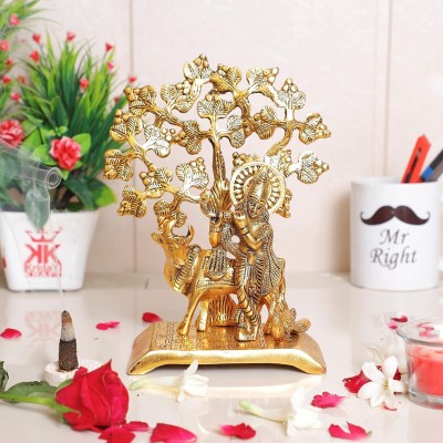 DreamKraft Krishna Idol Statue with kamdhenu Cow Standing Under Tree Decorative Showpiece  -  22 cm(Metal, Gold)