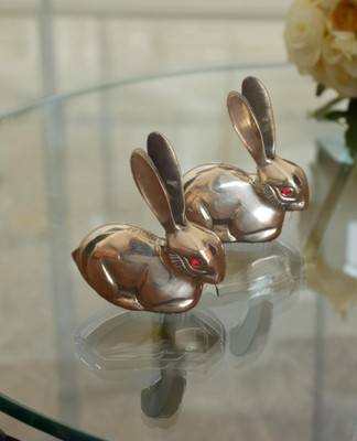 Om ShreeJee Decor Pure Brass Rabbit Pair Vastu Crafted for Harmony and Prosperity Decorative Showpiece  -  9 cm(Brass, Gold)