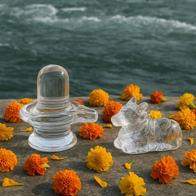 Neash Enterprises Natural Crystal Sphatik Shivling with Nandi for Puja,Home Decor, Car Dashboard Decorative Showpiece  -  5 cm(Glass, Clear)