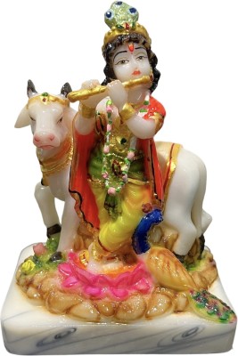 Rama Collections Krishna Murti With Kamdhenu Cow Showpiece Hindu God Idol Figurine Decorative Showpiece  -  13.97 cm(Marble, Multicolor)