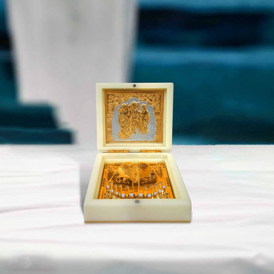 Adhvik Ram Darbar Gold Plated Wealth & Prosperity Charan Paduka Home/office/gift Box Decorative Showpiece  -  10 cm(Plastic, Gold)