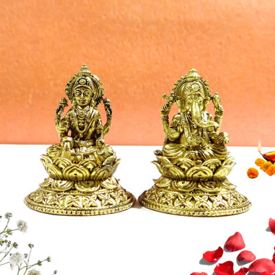 upharkaro Mini Brass Laxmi Ganesh Statue (2 Inch) Spiritual Idol Pair for Diwali Pooja Decorative Showpiece  -  5 cm(Brass, Gold)