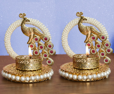 UniqueArt Set of 2 Peacock candle light holder Decorative Showpiece  -  7 cm(Resin, Multicolor, White)
