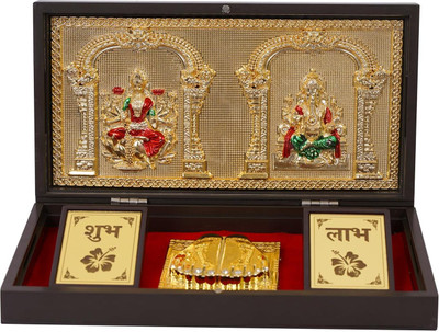 S A Gifts Gold-Plated Laxmi Ganesh Frame with Charan Paduka Gift Box for Diwali & Gifts Decorative Showpiece  -  21 cm(Brass, Gold)