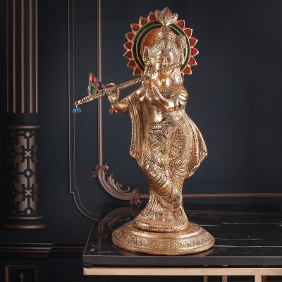 Shoppingrox Lord Krishna God Idol | German Silver | Golden Colour - 44cm Decorative Showpiece  -  44 cm(Aluminium, Gold)